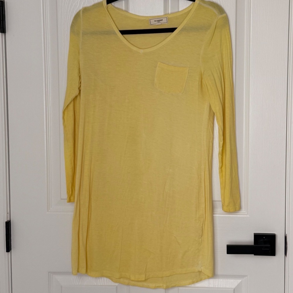 No Comment Yellow Slub Knit V-Neck Long Sleeve Tunic Pocket Top Womens Medium